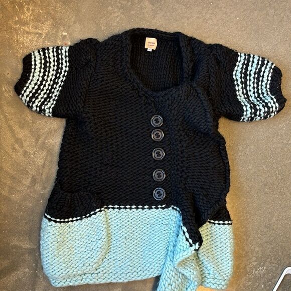 Twinkle by wenlan wool sweater oversized medium black turquoise short sleeve - Picture 4 of 7